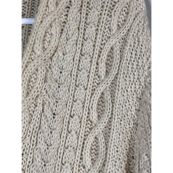 Vintage Cable Knit Sweater L Butter Yellow Leather Button Fisherman Grandpa 80s - Picture 4 of 11